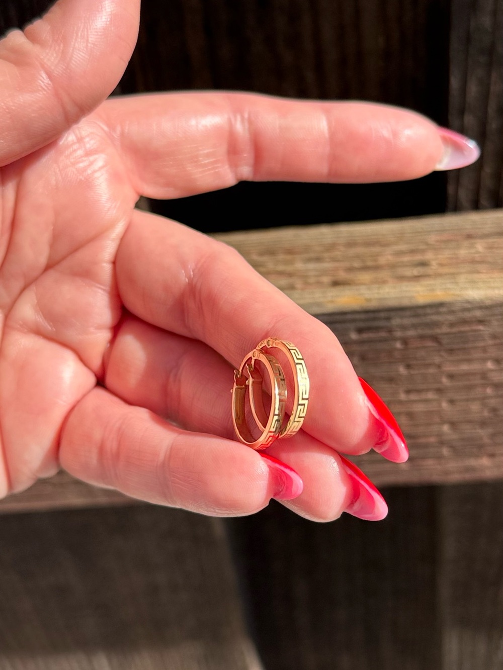 14k Gold Greek Key Hoop Earrings - Picture 3 of 7